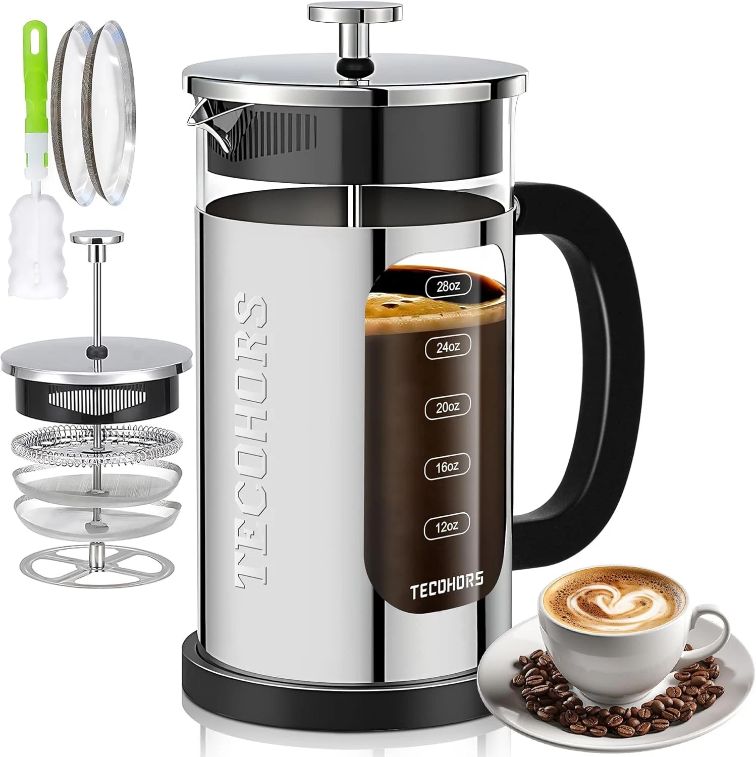French Press Coffee Maker 34oz / 1 Quart 304 Stainless Steel Silvery