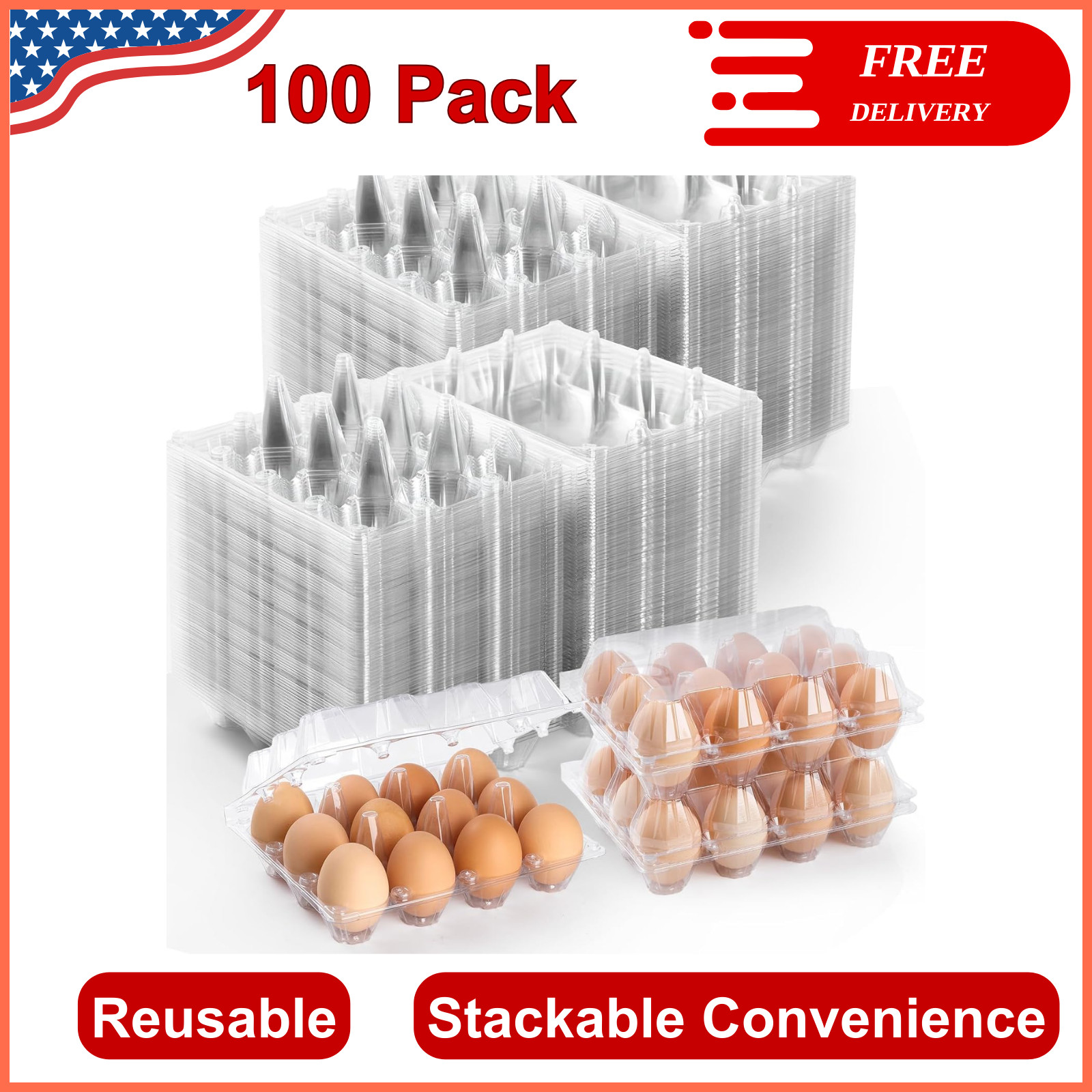 100 Pack Bulk Egg Cartons, Clear Plastic Chicken Egg Holders, Egg Tray Carton