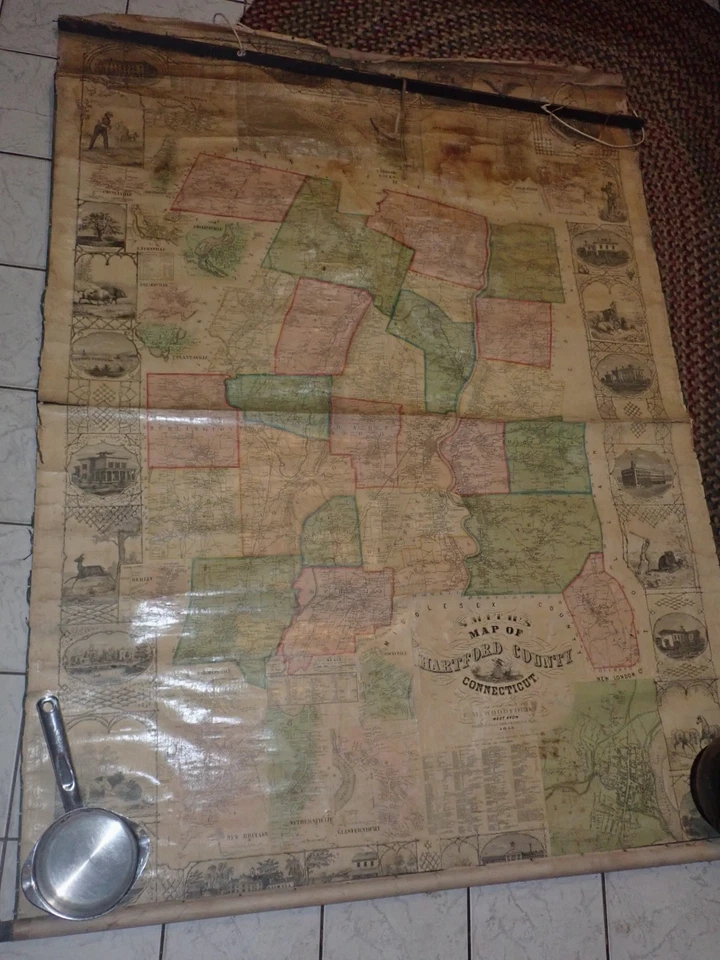 Antique  H & CT Smith 1855 Huge Wall Map Hartford County Connecticut 50" x 70" - Image 2 of 4