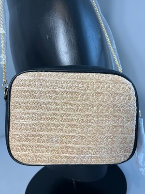NWT Justfab Womens Straw Camera Bag Crossbody Purse 6''x8.5'' Chain Strap Full Zip