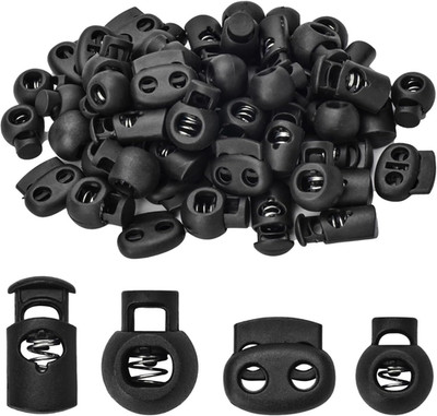 60 Pcs Plastic Cord Locks 4 Styles Spring Toggle Stopper Single Double Hole Stri