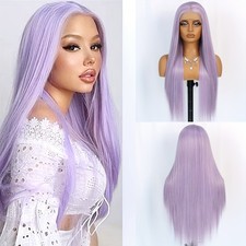 Long Light Purple Synthetic Straight Hair Lace Front Wig Women Party Cosplay Use
