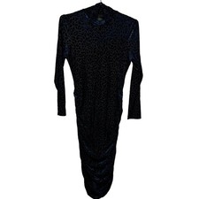 Leopard Velvet Tight Bodycon Dress Angeleye Narcissus Navy Mock Neck Ruched 10