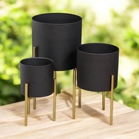 Textured Metal Planters Hestia Set Of 3 Black & Gold Planters Garden Home Plants
