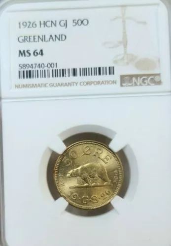 1926 GREENLAND 50 ORE DANISH COLONY NGC MS 64 BRIGHT BU SCARCE COIN