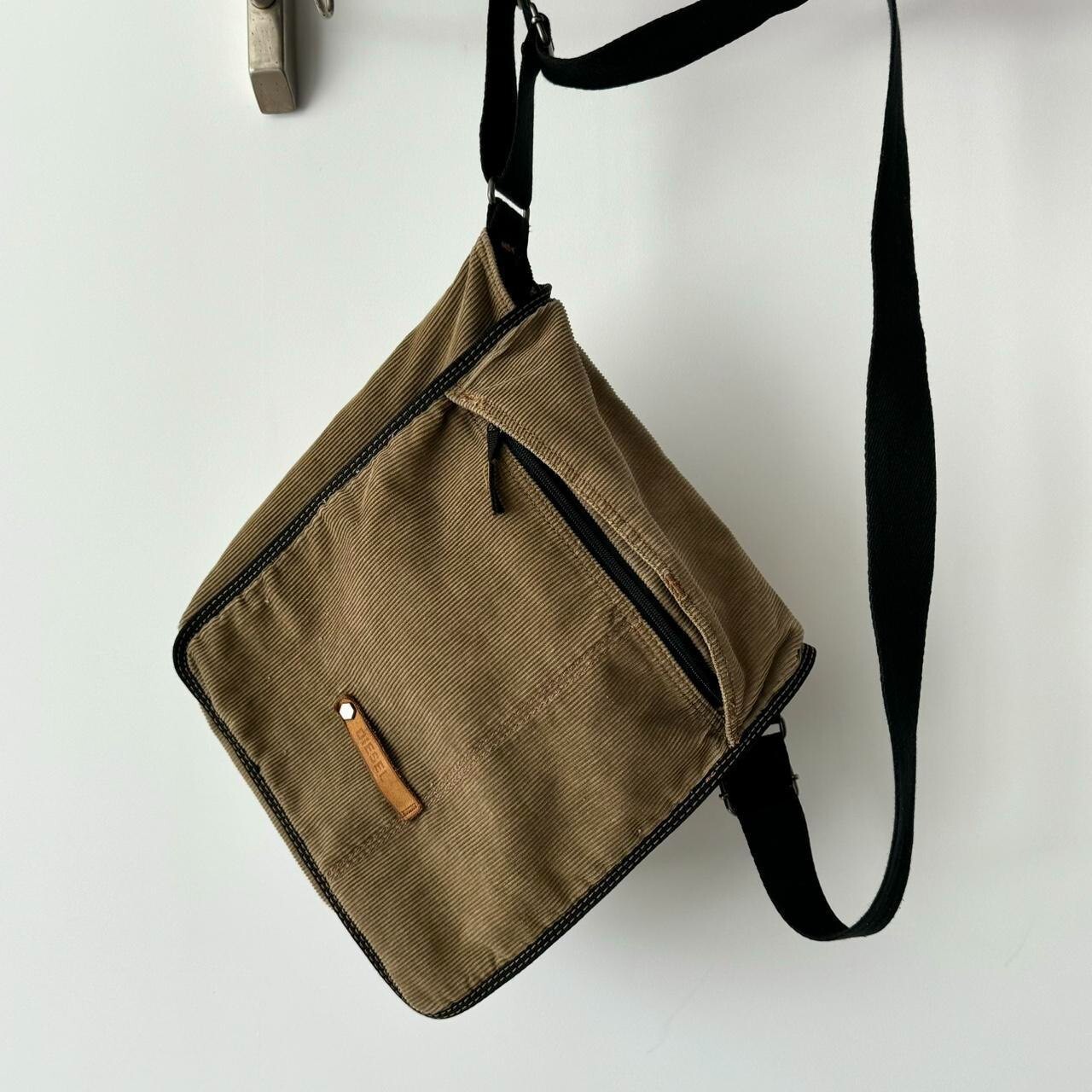 2000s Y2K Diesel Corduroy Crossbody Bag in Khaki Avant-Garde Style