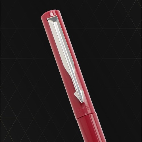 Parker Vector Standard Chrome Trim Roller Ball Pen Red Body Blue ink Rollerball - Picture 3 of 3