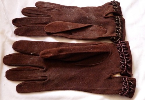 VTG 1950s Brown FRENCH Suede Leather Wrist Lengh Gloves Size 7 Freddy Ganis - Picture 3 of 4