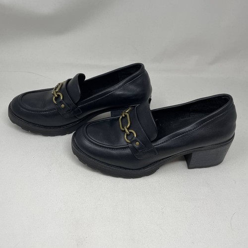 Y2K Chunky Faux Leather Platform Loafers Lug Sole Gold Chain Detail Size 8.5 - Picture 4 of 7