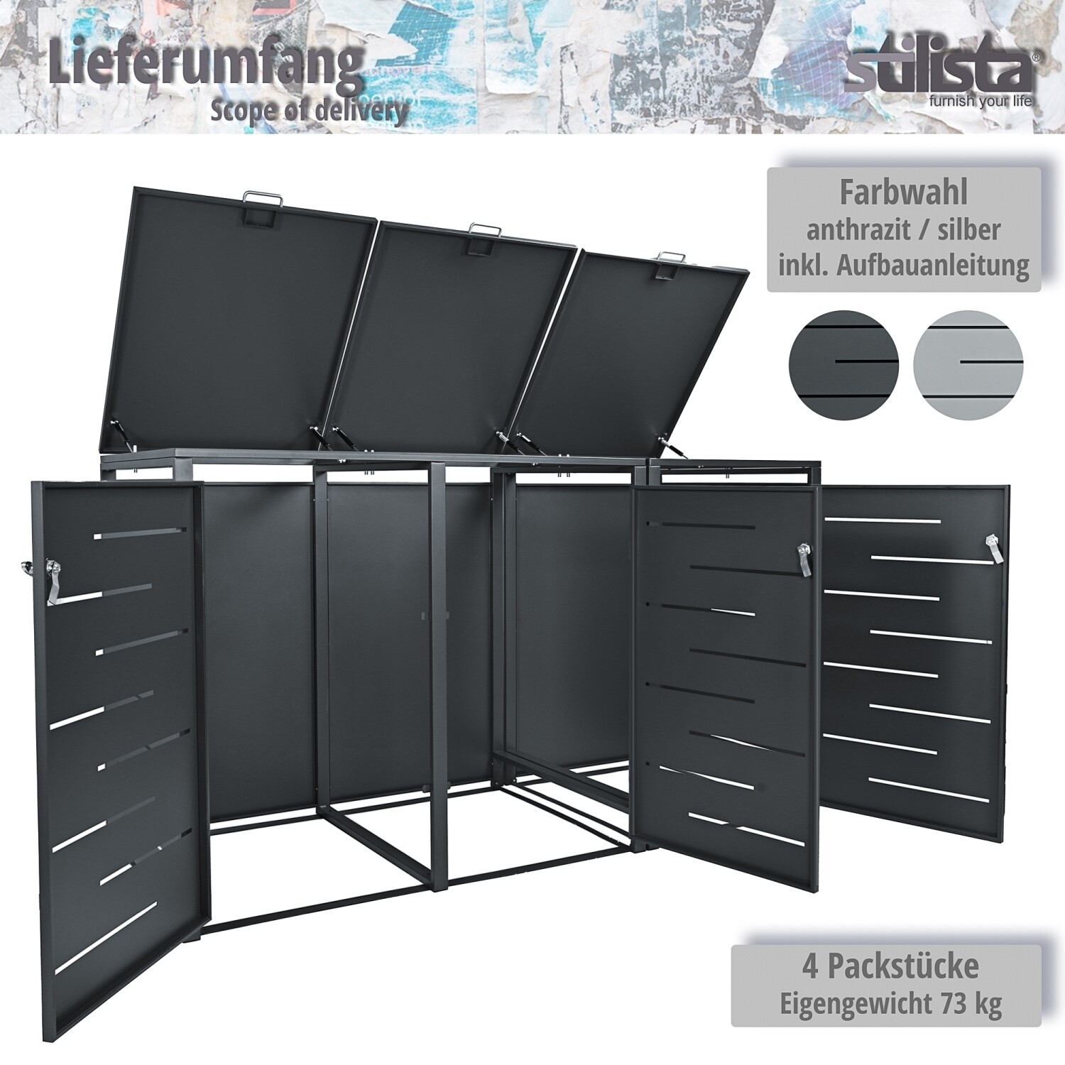 Mülltonnenbox Müllbox 3 Mülltonnenverkleidung Mülltonnenhaus Metall je 240 L - Bild 3 von 35