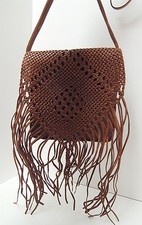 Moroccan Handmade Brown Tooled Leather Boho Fringe Whipstich Crossbody Bag