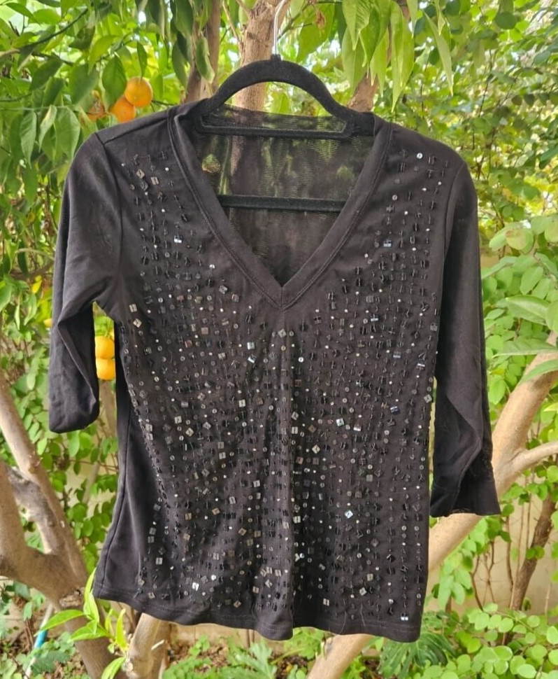 Top de malla KPOP usado vintage negro lentejuelas brillo manga 3/4 negro rosa jisoo rosa