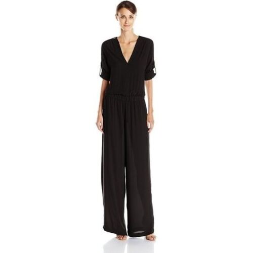 BCBG Brylie V-Neck Jumpsuit roll tab sleeves black sz S - Picture 1 of 11