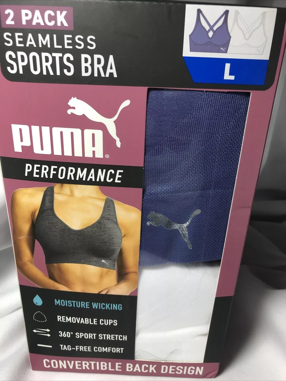 Puma womans sport bra set of 2 (White/Navy, Large)