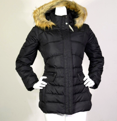 Larry Levine Down Women's Jacket Puffer Faux Trim Hoodie Large NEW Black