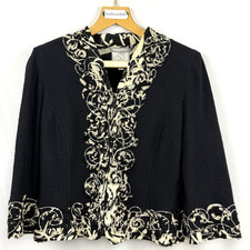 St. John COUTURE Black Knit Jacket w/ Contrast Trim Tiny Pearls Sz 10