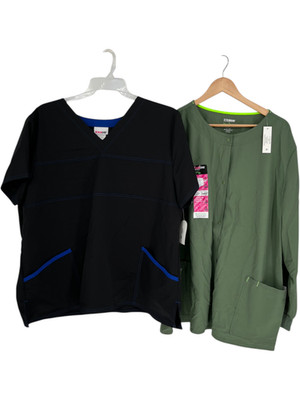 Scrubstar Tops Set Women's Size 2XL Black V-Neck Olive Green Snap Front Jacket