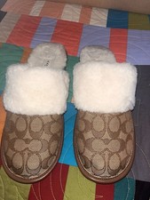 Coach CW740 Signature Logo Faux Fur Lined Mule Slippers Brown/White Women 7