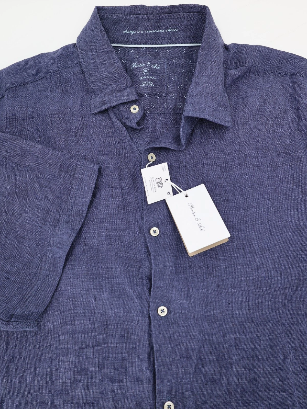 NWT Porter & Ash Shirt Mens XL Yarn Dyed Linen Button Up Short Sleeve Blue beach