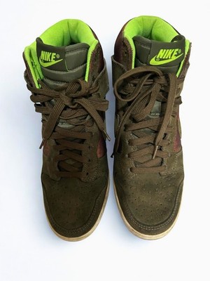 Nike High Top Camouflage Army Theme Olive Brown Lime Green Suede Fabric Sneakers