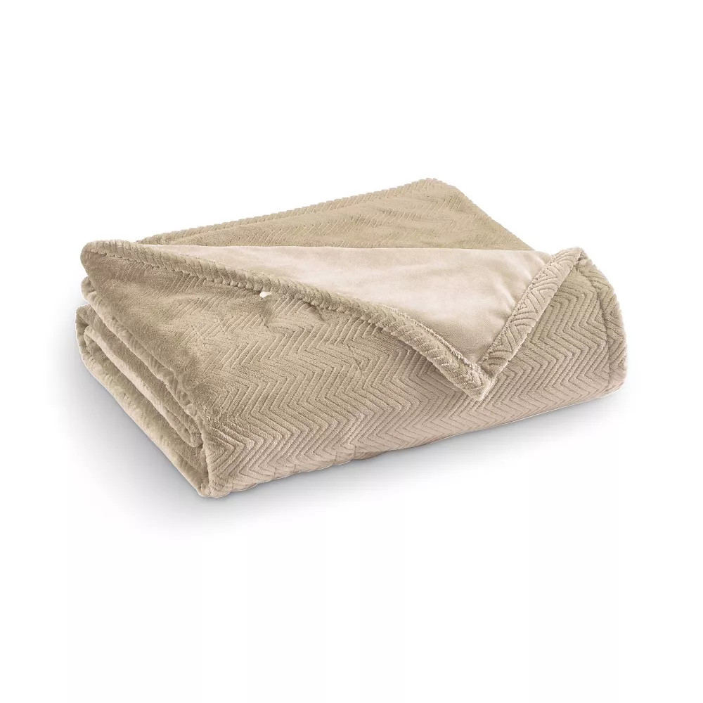 Brookstone Twin Heated Micro Herringbone Blanket Taupe