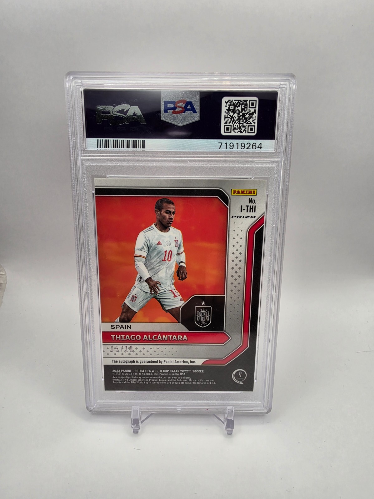 2022-23 Prizm World Cup Thiago Alcantara International Ink Gold Auto #/10 PSA 10 view 2