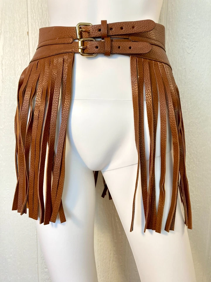 Cinturón BCBG Maxazria para mujer S marrón llamativo flecos cuero vegano doble hebilla Foto 4 de 4