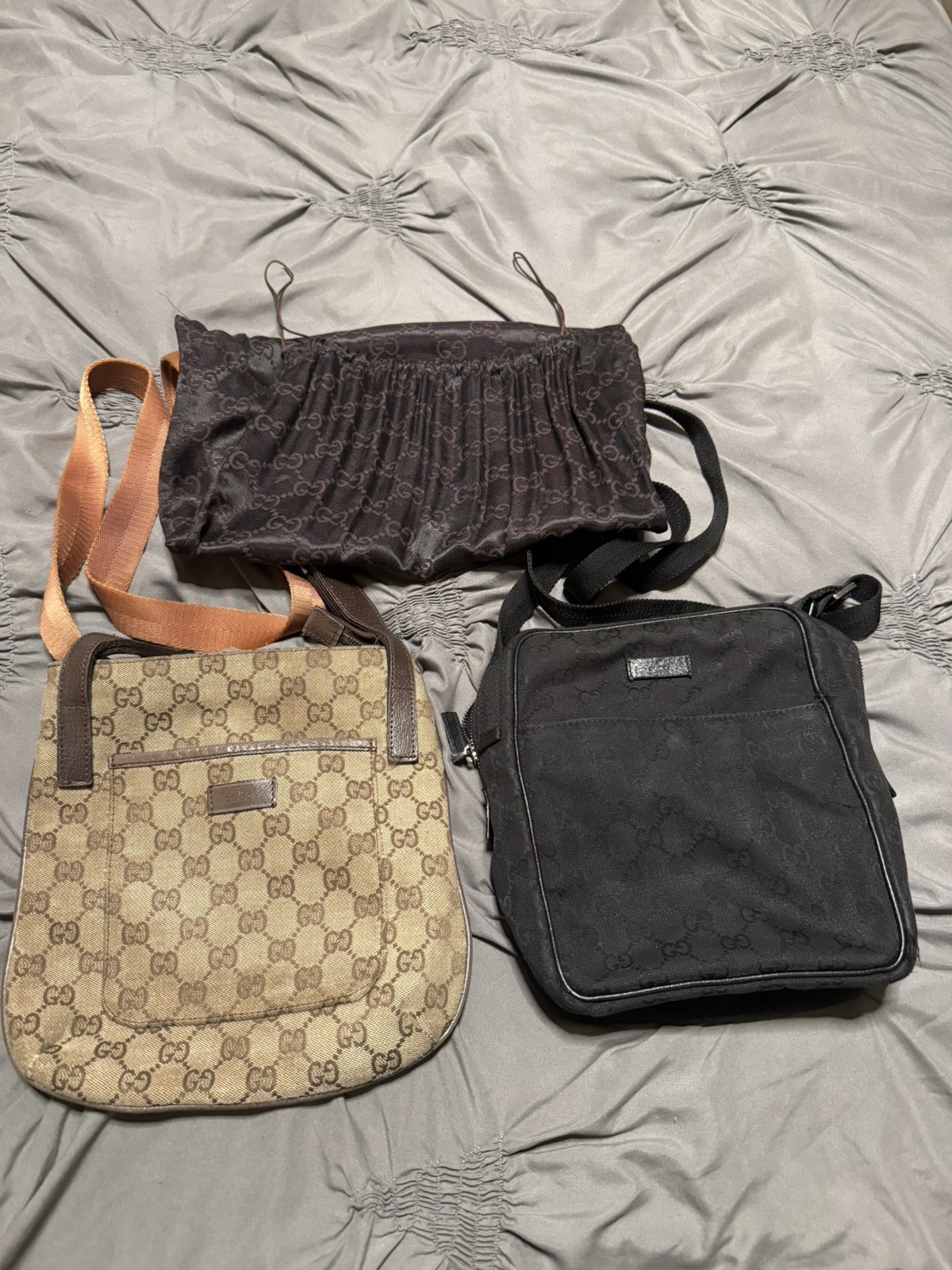 Gucci GG Monogram Pattern Messenger Bag Black Beige Shoulder
