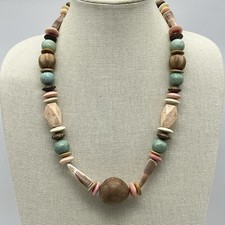 Boho Ethnic Necklace Tagua Nut Pastel Earth Tone Ceramic Shell Artisan 22"