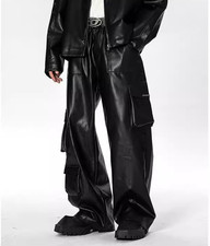 Men's Faux Leather Baggy Cargo Pants Elastic High Waist Retro PU disco Trousers