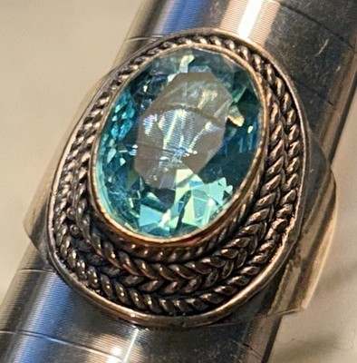 Vintage 925 Sterling Silber Blautopas Statement Ring Größe 9 Seil Rahmen 1990 s