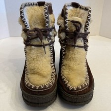 Vintage Italian Apres Ski Boots Size 5 / 36 Brown Beige Suede Faux Fur Lace Up