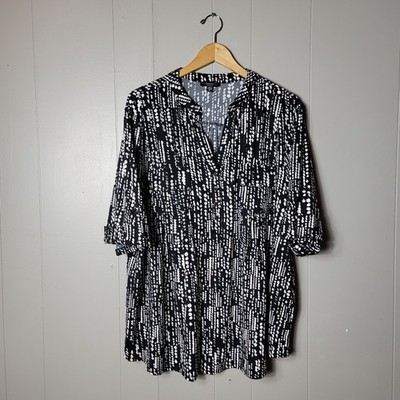 COCOMO WOMAN BLACK WHITE DOT PATTERN LIQUID KNIT TUNIC ROLL TAB SLEEVE WOMENS 3X