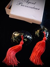 Agent Provocateur nipple Pasties. Black leather & sequin / Red tassles