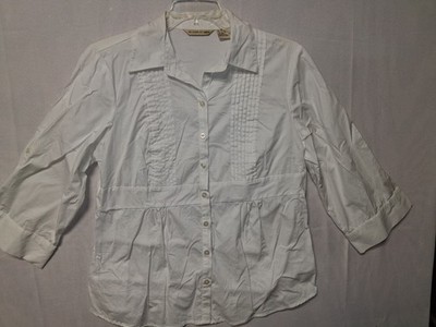 E.COL.O.GIE White Button Up Shirt Women XL Pintuck Pleated 3/4 Sleeve Cotton Mix