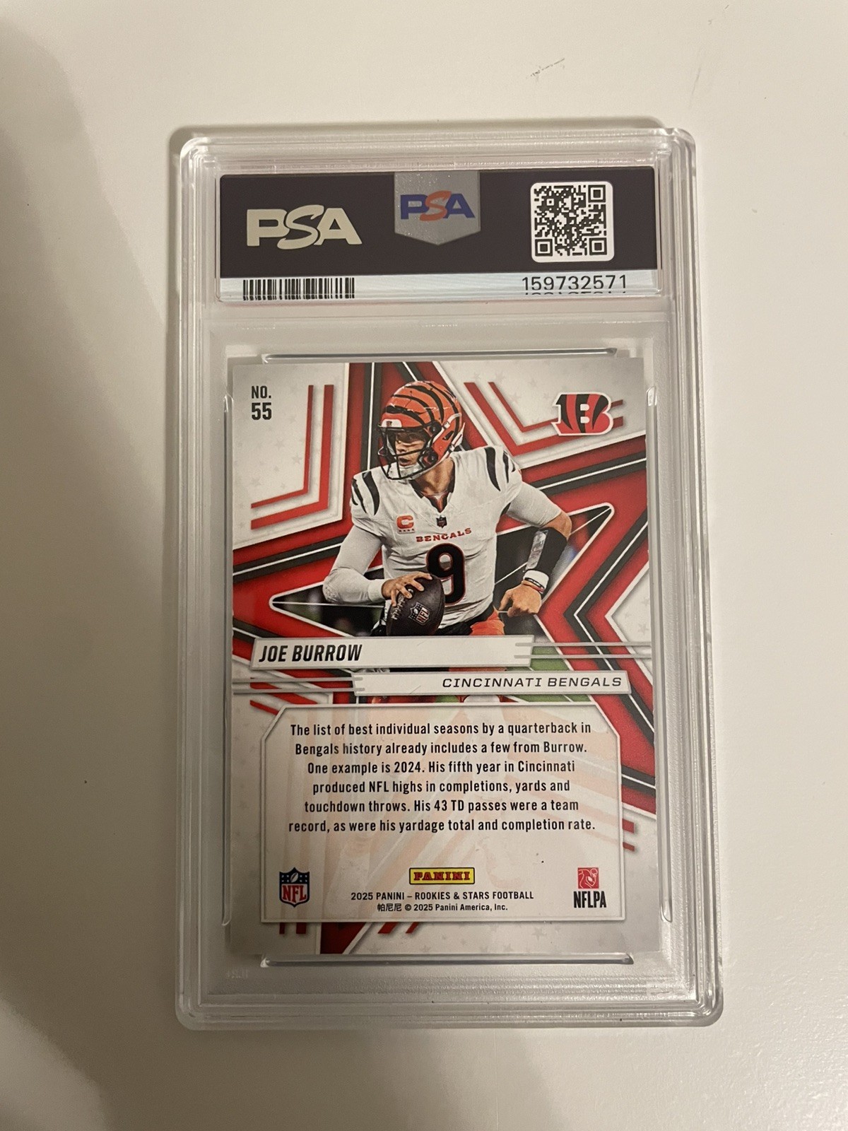 2025 Panini Rookies & Stars - Joe Burrow #55 True Blue /149 PSA 9 view 2