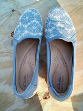 12 Clarks Women's Shoes 12m Blue Canvas Slip On Espadrille Flats Elaina Harbor