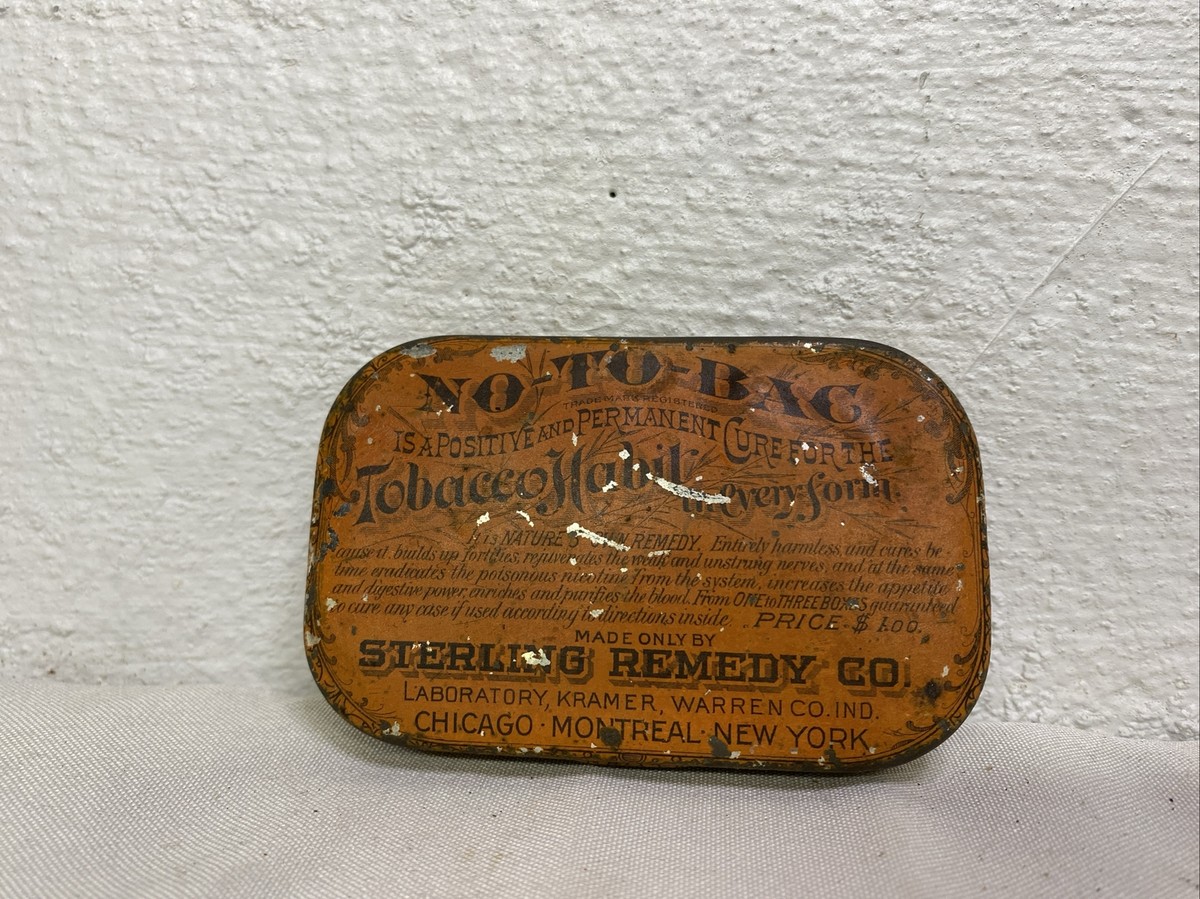 Antique No-To-Bac Tobacco Habit Cure Sterling Remedy co. Tin 3.75” Long