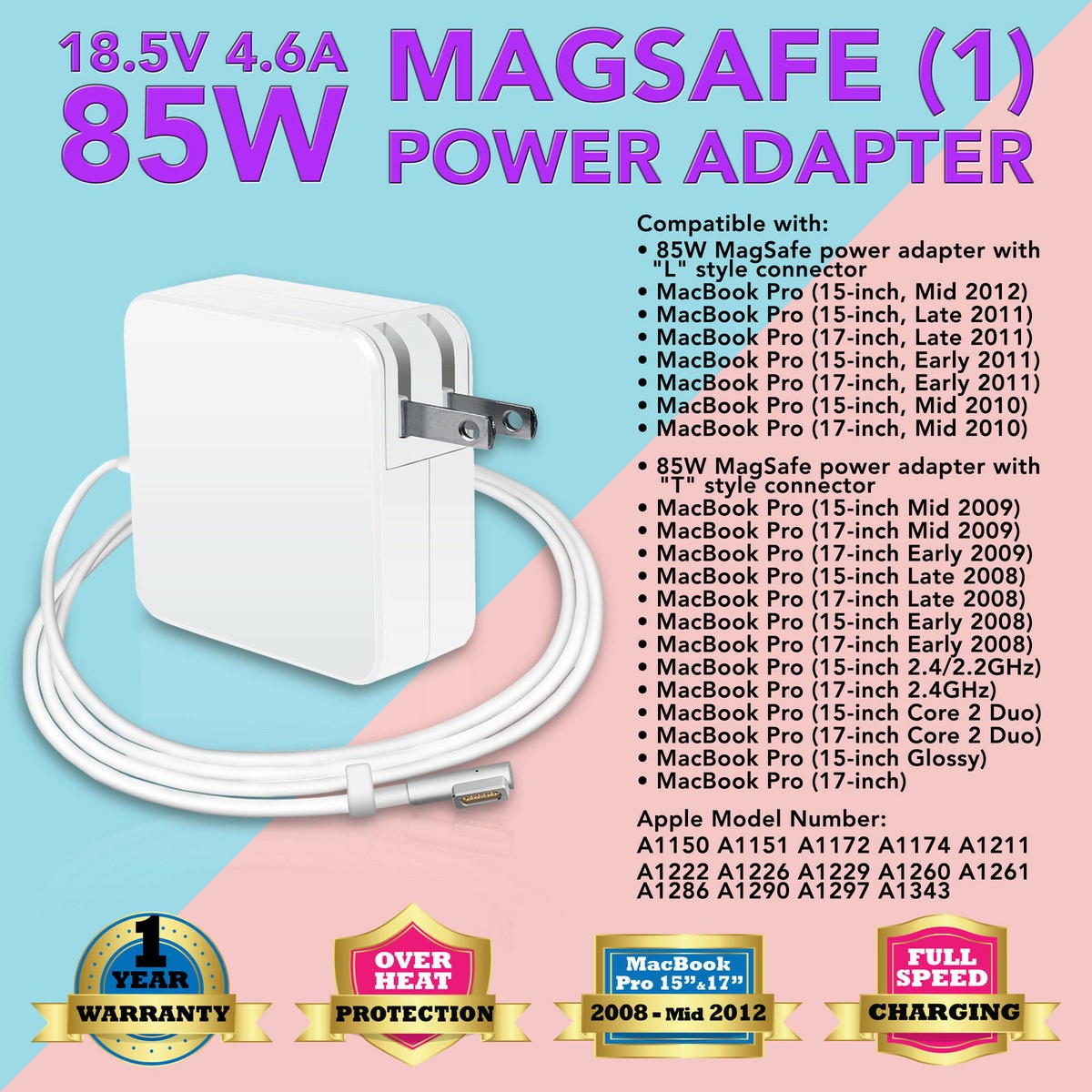 85W AC Adapter Charger for Apple MacBook Pro 15