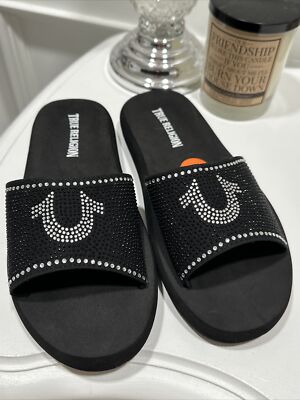 NEW TRUE RELIGION RHINESTONE LOGO SLIDES SIZE SANDALS