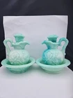 2 Avon Victorian Jade Milk Glass Bath Oil Decanter Pitcher Bowl Green Floral Vtg