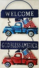 Set of Welcome Patriotic Truck GOD BLESS AMERICA Wreath SIGN Flag 4th Farmhouse