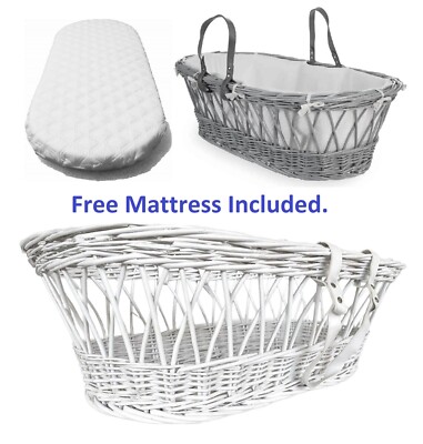 Quality Wicker Moses Basket with leather look handle FREE