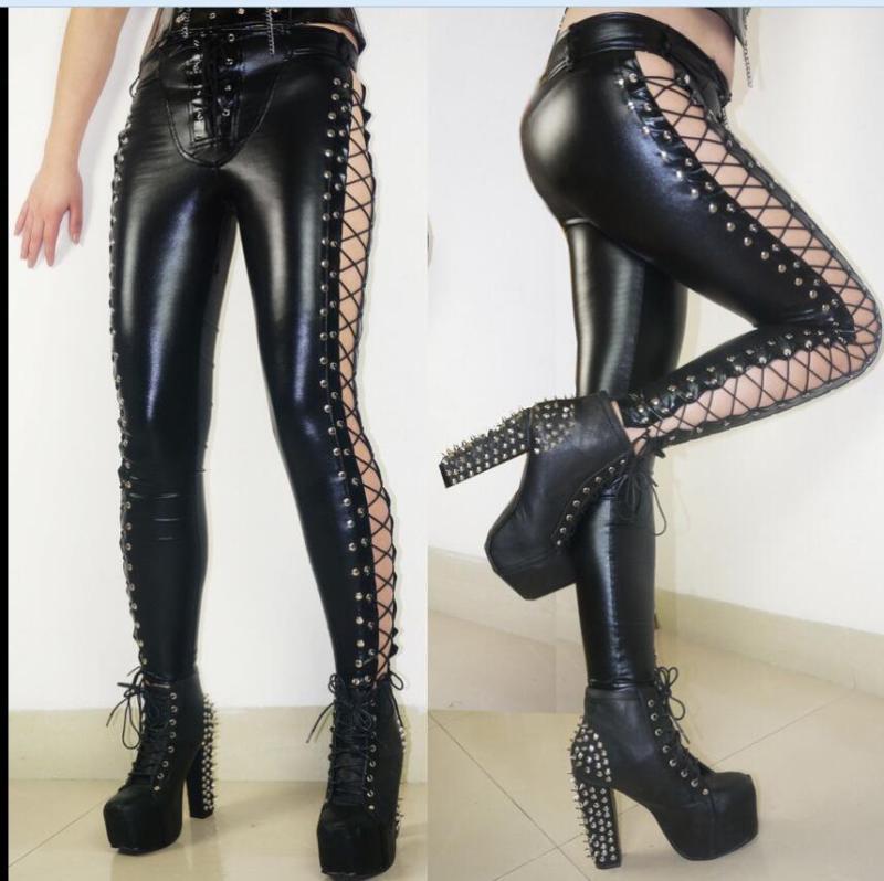 Sexy Womens Black Faux Leather Side Lace Up Skinny Punk Clubwear Pants  Trousers | eBay