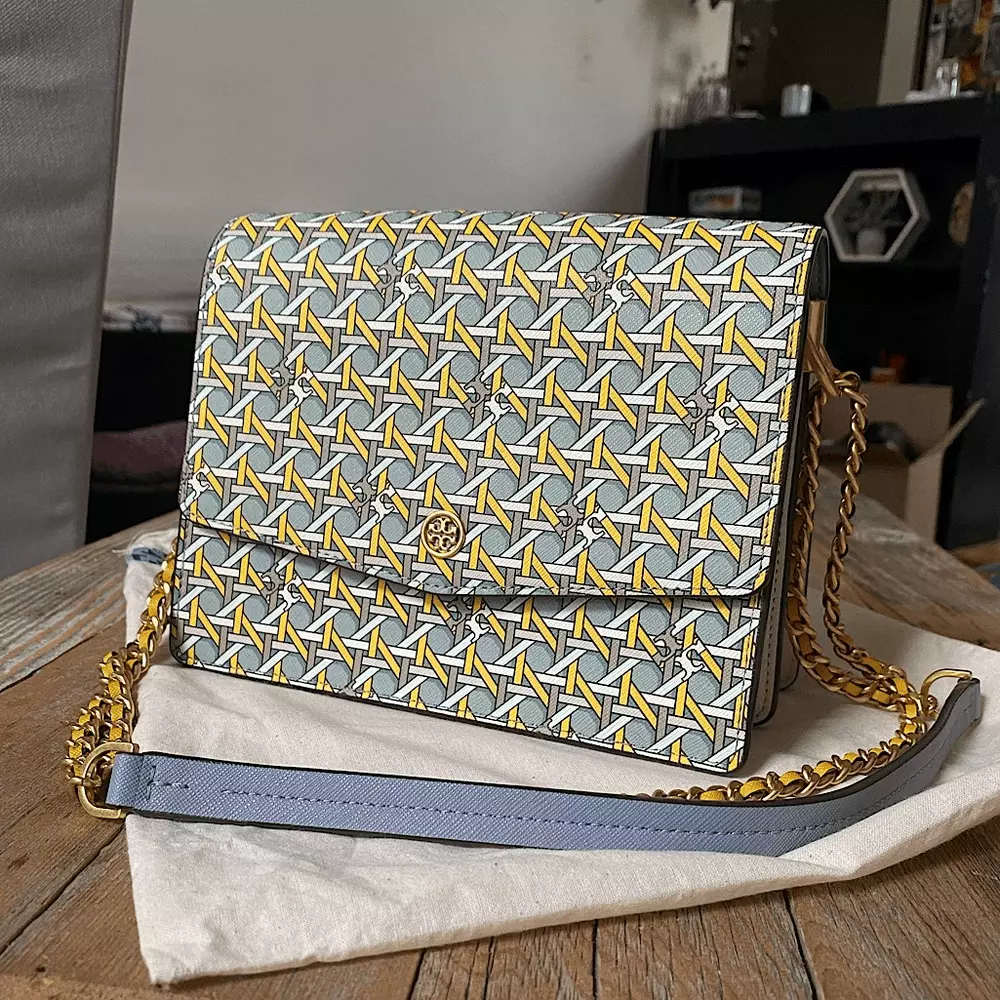 TORY BURCH ROBINSON CONVERTIBLE BASKET WEAVE LOGO LEATHER SHOULDER