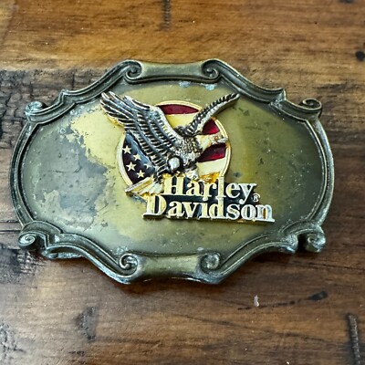 1978 Raintree Harley Davidson 75th Anniversary Enamel Belt Buckle Eagle Flag