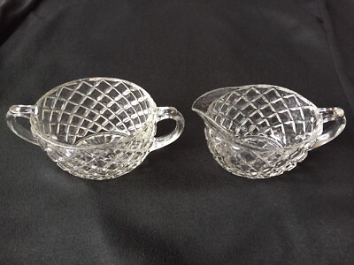 Creamer and Sugar Bowl Cut Glass Etched Diamond Lattice Vintage Set Elegant MCM