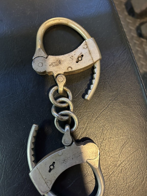 Rare Antique Late 19th C Pair Of Original Mattatuck Co. USA Handcuffs. No Key. 
