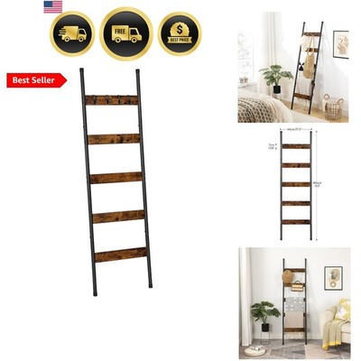 Blanket Ladder, 5-Tier Towel Rack with Hooks, Wall-Leaning Blanket Rack, Deco...