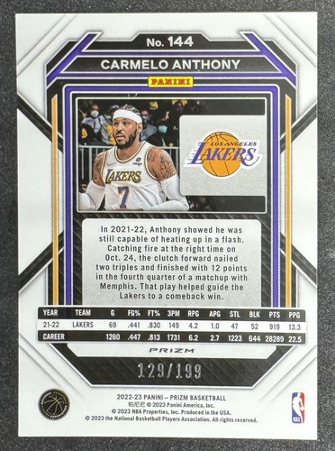 2022-23 Panini Prizm #144 Carmelo Anthony Blue Prizm /199 Los Angeles Lakers - Bild 2 von 2